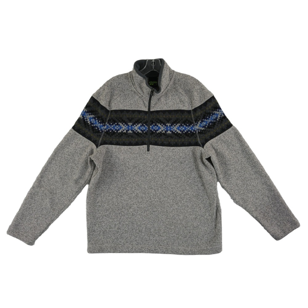 Koppen Fleece Pullover Sweater Men's Size Large Gray Fair Isle Geo Quarter Zip